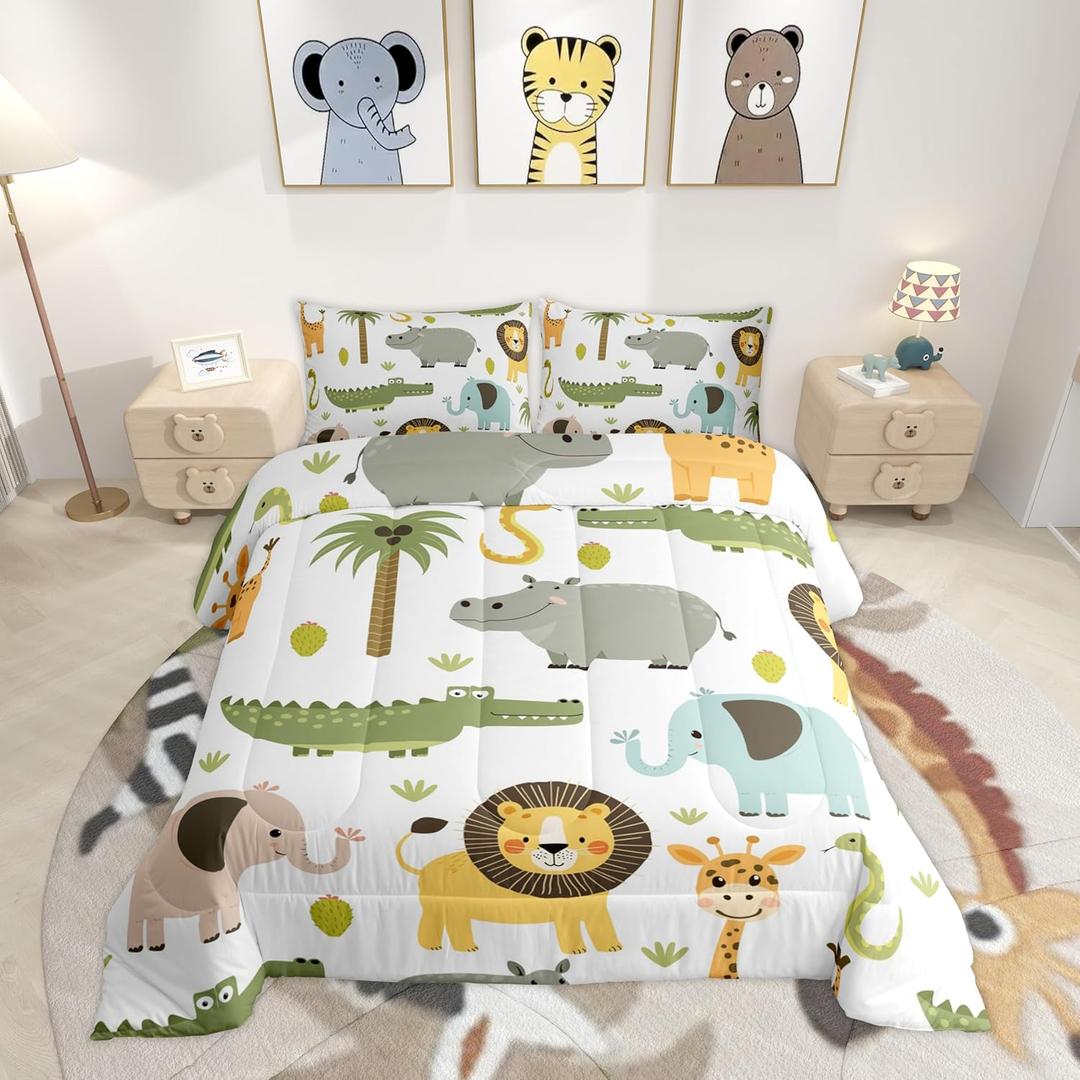 Feelyou Wild Animals Comforter Set Safari Animals Print Comforter for Boys Girls Teens Cute Hippo Crocodile Lion Bedding Set Kids Cartoon Elephant Giraffe Duvet Set Room Decor Quilt Set Twin Size (Multi 1044)