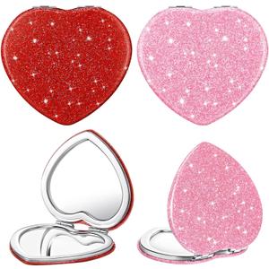 Geelin 6 Pcs Valentine's Day Heart Compact Folding Mirror Galentine Double Sided Mini Vanity Mirror Portable Travel Makeup for Purse Cute Glitter Cosmetic Looking Glass for Women Mom (Red)