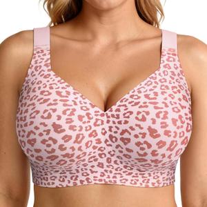 LetsJoli Jelly Bras for Women Push Up Bra Wireless No Underwire Supportive Full Coverage Plus Size for Older Women(Leopard Pink, L)