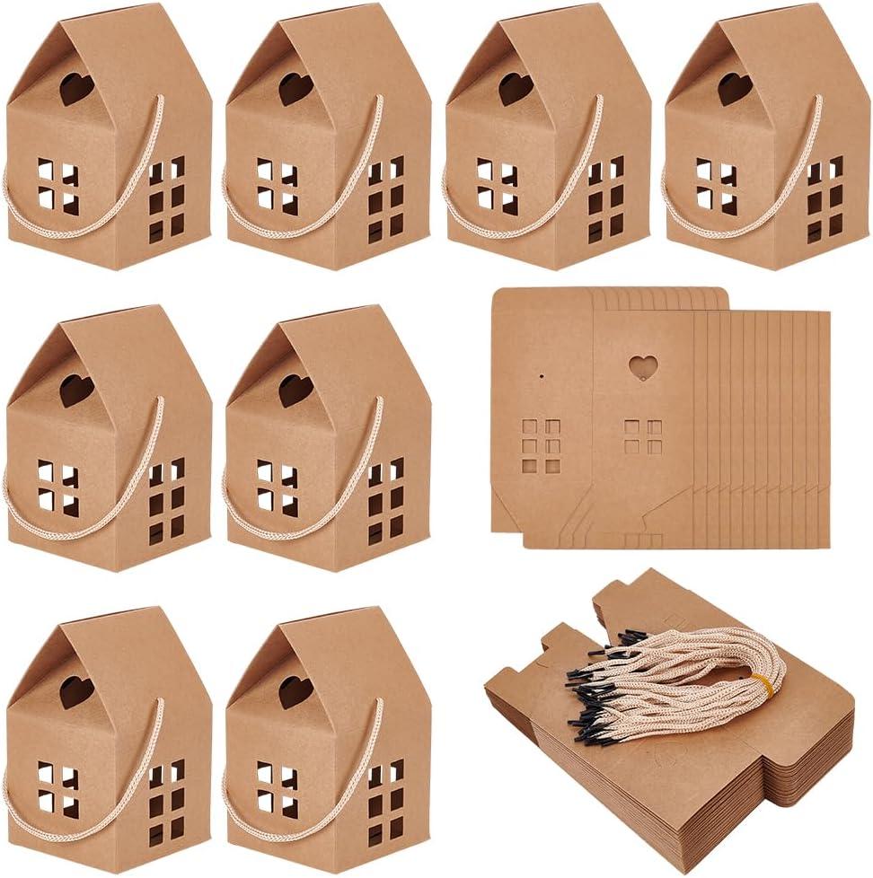 BENECREAT 30Pcs House Shaped Gift Boxes, 3x3x5inch Log Kraft Paper Candy Box Cardboard Treat Boxes for Wedding Baby Shower Birthday Party (Brown)