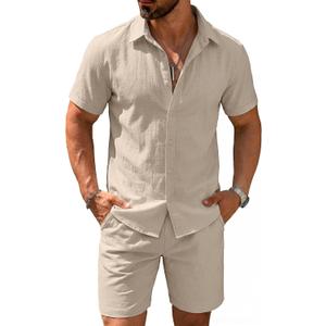 COOFANDY Men's 2 Pieces Cotton Linen Set Short Sleeve Button Down Shirts Summer Beach Shorts Casual Outfits, M