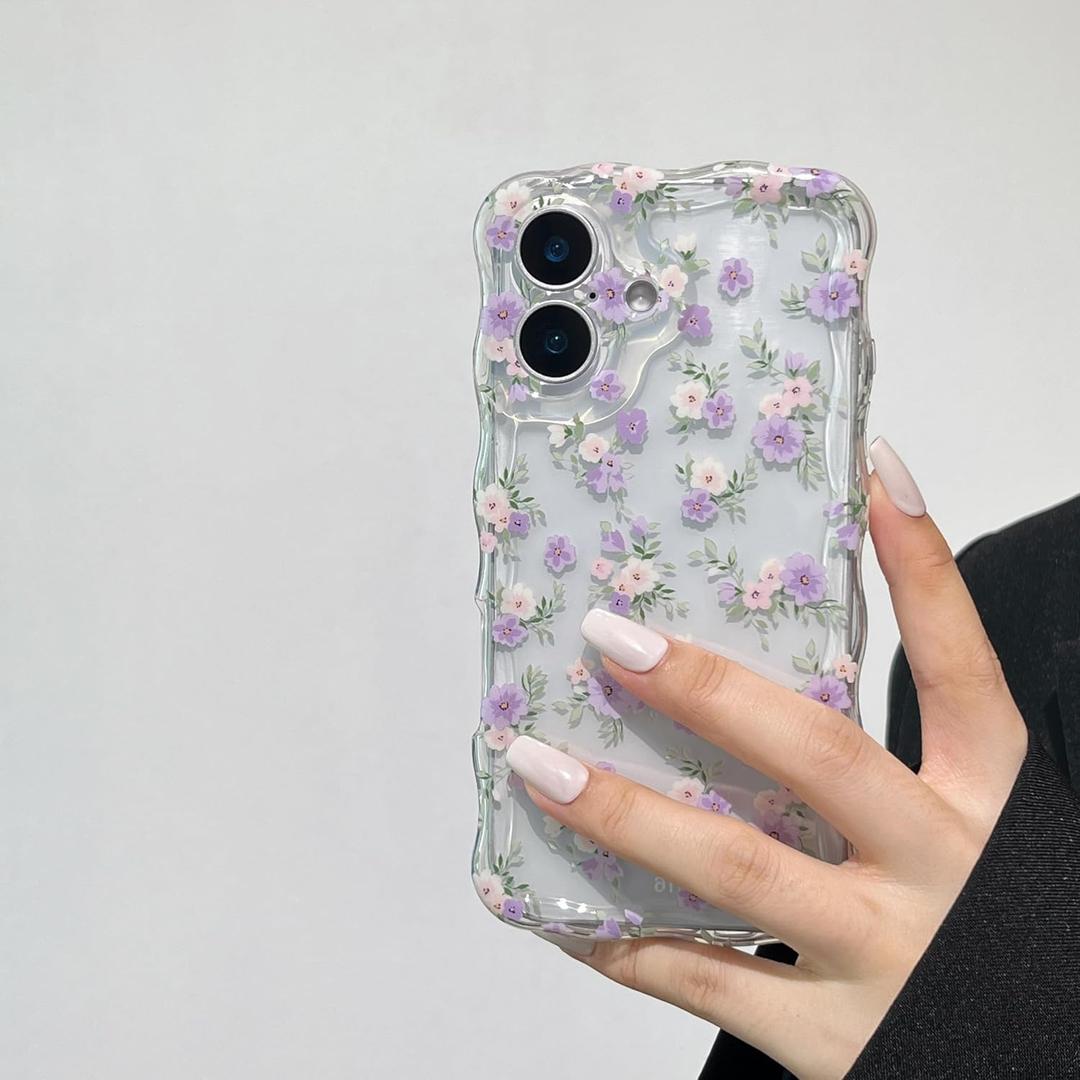 RALEAVO for iPhone 17 Case Cute Floral Pattern Design,Clear Curly Wave Frame Cover for Women,Soft Shockproof Anti-Slip Protective Case for iPhone 17,Purple Flowers
