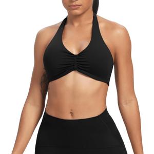Aoxjox Women's Workout Sports Bras Fitness Taylor Scrunch Halter Bra Yoga Crop Tank, Black, X-Small