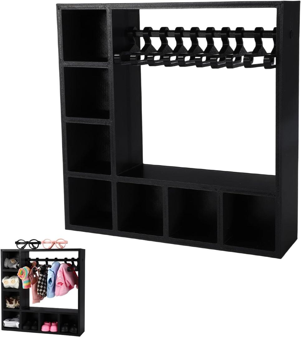 Doll Clothes Closet, 7.87x7.87x1.97in Sturdy Plastic Doll Wardrobe Cloth Cabinet Storage with 10 Hangers for Organizing Clothes Shoes Hats Sunglasses Bags Outfit and Supplies Accessories(Black)