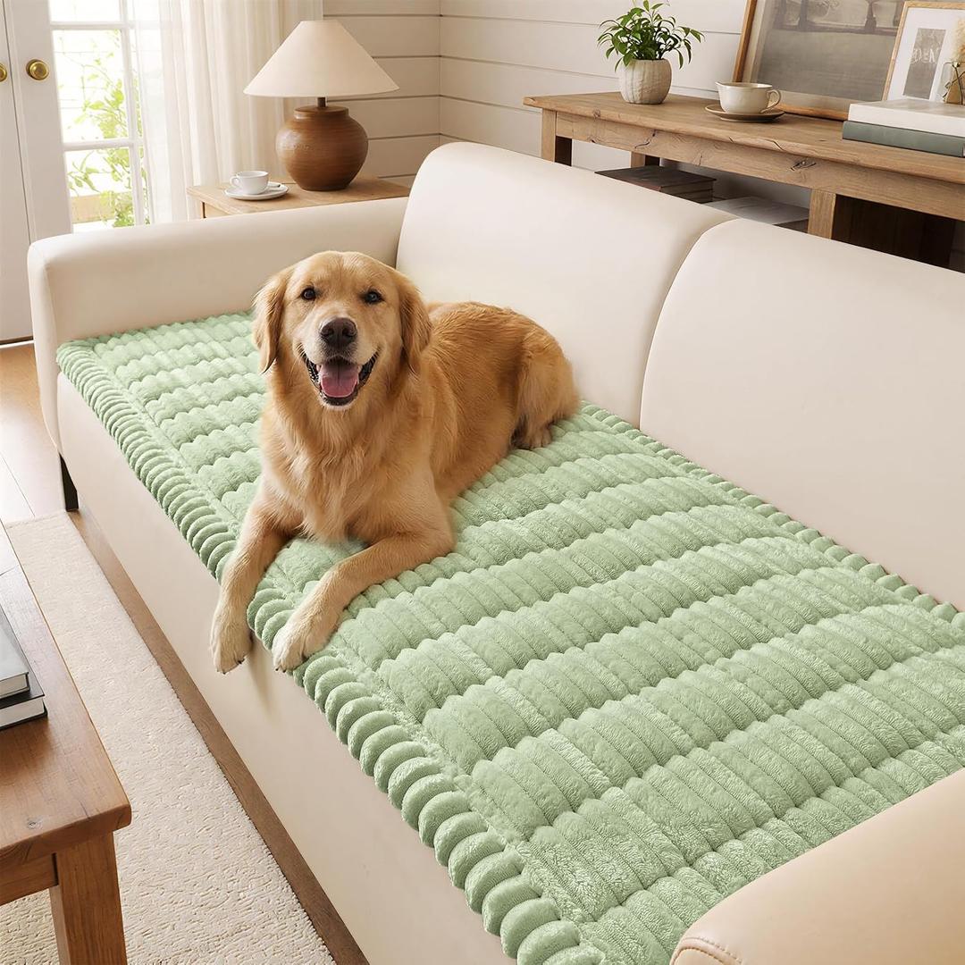decorUhome Non-Slip Fuzzy Couch Cover for Dogs, Soft Thick Washable Pet-Friendly Protector, Sofa Slipcover for 3 Cushion Couch Sofa, Green, 27.6" x 88"