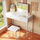 SUPERJARE 31.5" White Desk with 2 Drawers, Modern Makeup Vanity with Padded Stool, Small Computer Desk Home Office Desk for Writing Study Bedroom