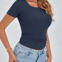 PRETTYGARDEN Womens 2026 Summer Short Sleeve Tops Ribbed Henley Button Slim Fit Basic Casual T Shirts Blouse Fashion Clothing (Blue, XL)