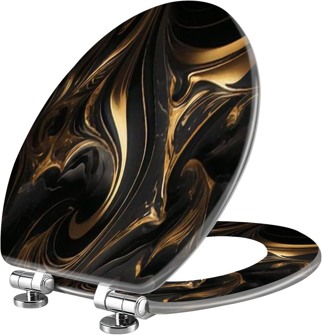 Elongated Toilet Seat Abstract marble fluid art painting alcohol ink style a black gold Resin Toilet Seat Slow Quiet Close with Quick-Release Hinges Toilet Seat with Cover Easy to Clean Install (18.5"x14.5", Multi2)