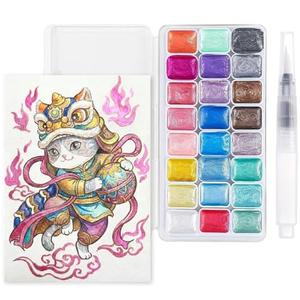 Mini Metallic Watercolor Paint Set, 24 Colors Glitter Watercolor Paint with Watercolor Paper Brush, Artists' Collectible Editions Gifts for Beginner Artists Adults Aged 14+ Mothers Day Gifts for Mom