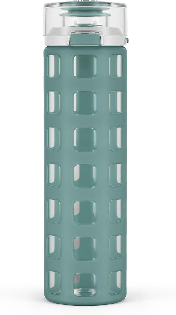 Ello Syndicate 20 oz Reusable Glass Water Bottle  All-Glass Chug Spout for Pure Drinking Experience, Leak Proof One-Touch Flip Lid, Silicone Sleeve, BPA-Free, Dishwasher Safe
