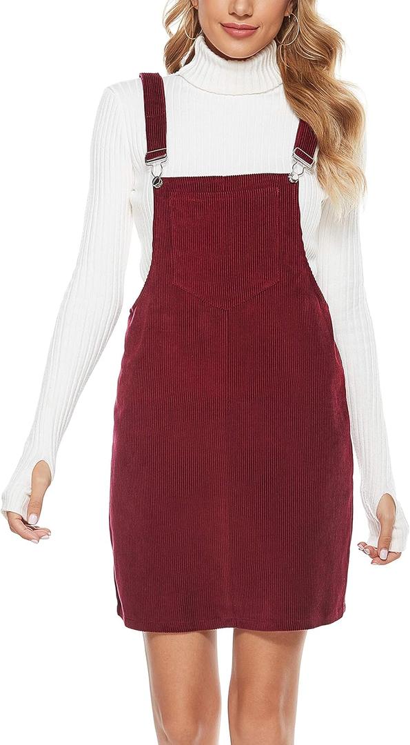 Tanming Women's Corduroy A Line Cute Jumper Pinafore Bib Overall Mini Dress Skirt (Medium, Wine Red)