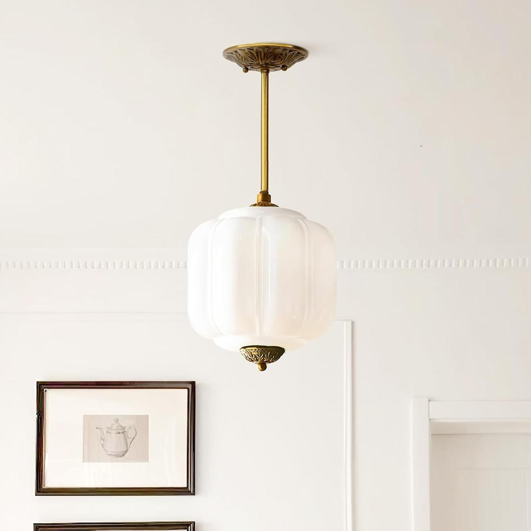 Milk Glass Ceiling Light Fixture - Antique Brass Semi Flush Mount Pendant Light for Kitchen, Hallway, and Bedroom (White, 9 inch)