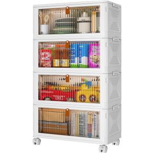 4 Tier Plastic Storage Bins with Lids 36QT, Stackable Storage Containers with Wheels, Folding Storage Boxes, Collapsible Storage Bins, Closet Organizers for Living Room,Office,School
