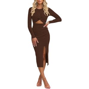 Pink Queen Women's Crew Neck Long Sleeve Midi Dress Cutout Twist Front Bodycon Slit Pencil Ribbed Knit Dresses (Medium, Chocolate)