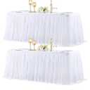 2 Pack White Table Cloth for 6 Foot Rectangle Tables, White Stretch Fitted Tulle Table Covers Skirt, Rectangular Ruffle Tutu Tablecloth Wedding Banquet Baby Shower Cake Tablecloths Decorations