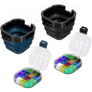 2 PCS Airtight Paint Saver Storage Palette Box, 16 Well Palette Box with Lid, Include Paint Brush Basin, Perfect for Gouache, Acrylic, Watercolor and Oil Painting (Blue, Black)