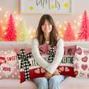 BBOLDIN Valentine's Day Throw Pillow Covers 18x18 Couch Cushion Covers, Buffalo Plaid Bow Decorations for Bedroom Home, Red Pink Farmhouse Pillow Cases Heart Decor Set of 4