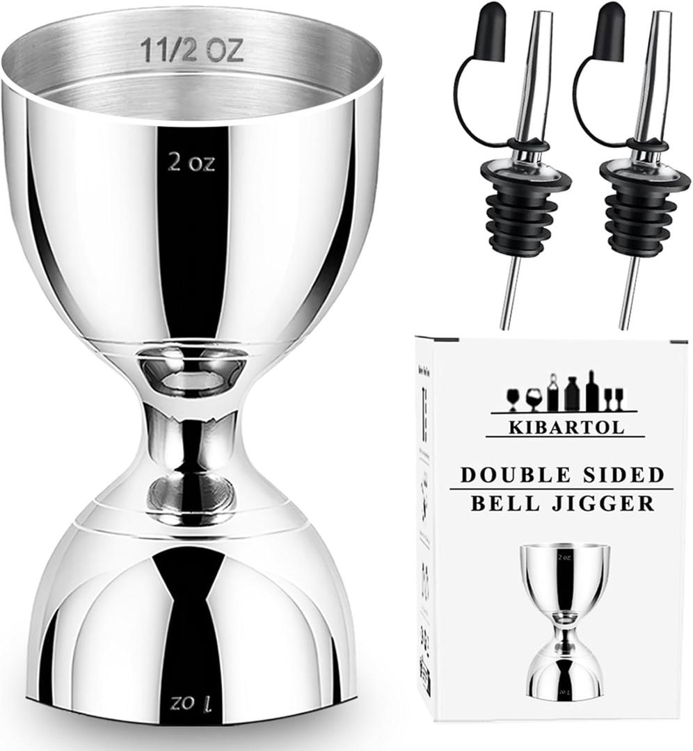 Jigger for Bartending, 2 oz 1 oz Bartender Jigger Stainless Steel, Double Cocktail Jiggers with Internal Measurements, Bar Tool for Bartending, Shot Drink Measurer for Cocktails (1 Jiggers- 2 Pour) (Silver)