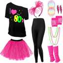 Vabean 19 Pcs 80s Costume Set T Shirt Leggings Tutu Skirt Headband Necklace Bracelets Earrings Gloves Leg Warmers for Women XL