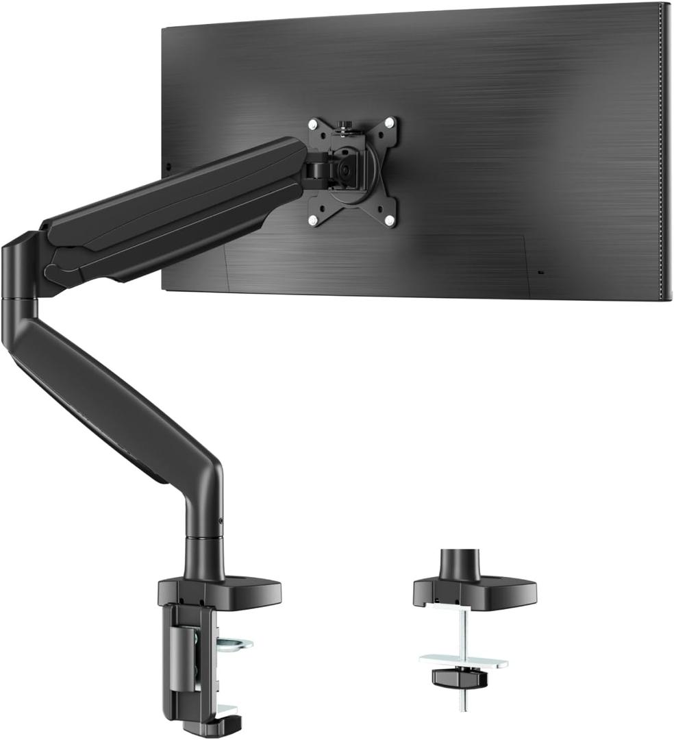 Single Monitor Desk Mount for 13-35 inch Ultrawide Flat/Curved Screens, Heavy Duty Gas Spring Monitor Arm Stand Holds up to 30.8lbs, Fully Adjustable, Clamp and Grommet Base