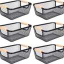 6Pack Black Wire Basket with Wooden Handle, Storage Bins for Pantry, Metal Mesh Basket for Kitchen Organization, Snack Organizer for Home Cabinet Closet Bathroom Fridge Fruit Makeup and Office (Small)