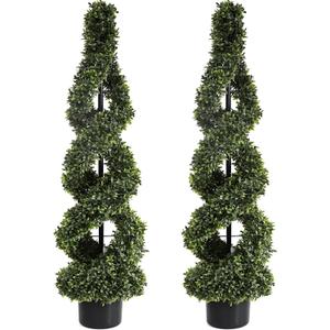 46Inch Double Spiral Artificial Boxwood Topiary Tree 4" Plants Fake Faux Plant Decor in Plastic Pot Green Indoor or Outdoor, Set of 2