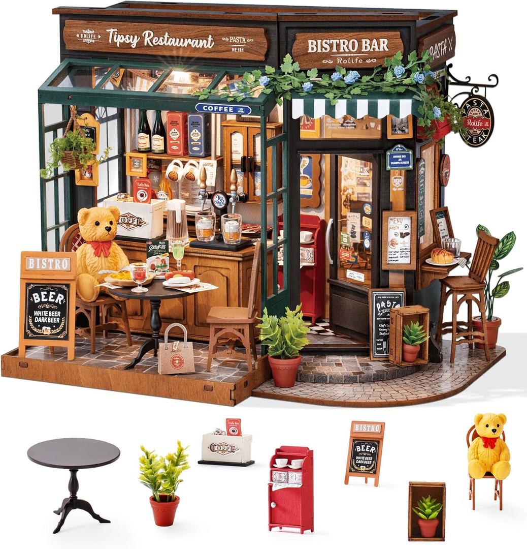 Rolife DIY Miniature House Kit for Adults, Mini Wooden Dollhouse Kit, Bakery Tiny House Diorama Building Kits-Birthday Christmas Craft Hobbies Gift for Teens Kids (Tipsy Restaurant)