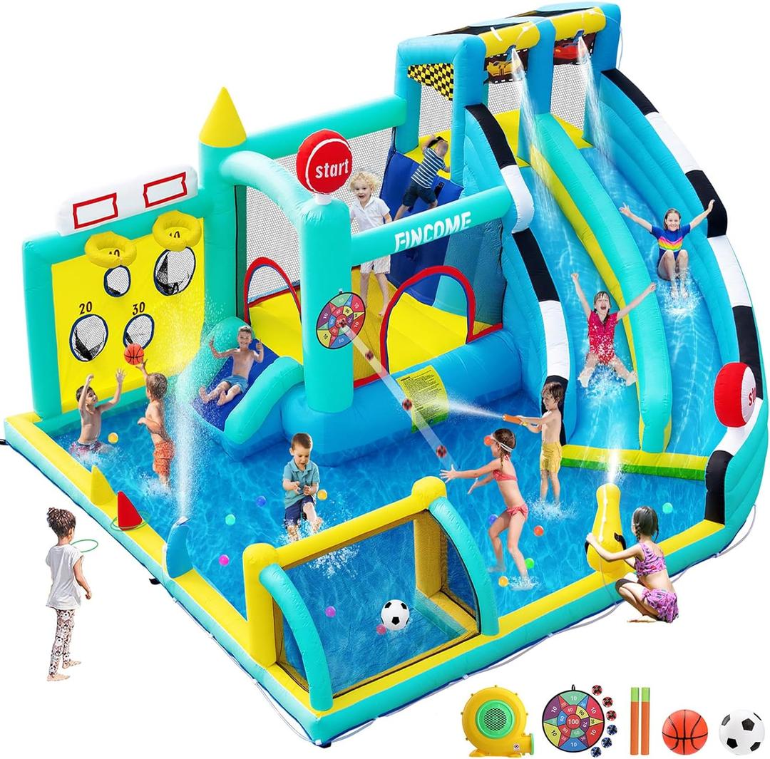 Bounce House Double Slides for Kids 3-10, Large Bounce Castle with Air Blower 550W, Pool, Jumping, Climbing, Balls, Ring Toss, Inflatable Water Park for Birthday Party Holiday Outdoor Indoor