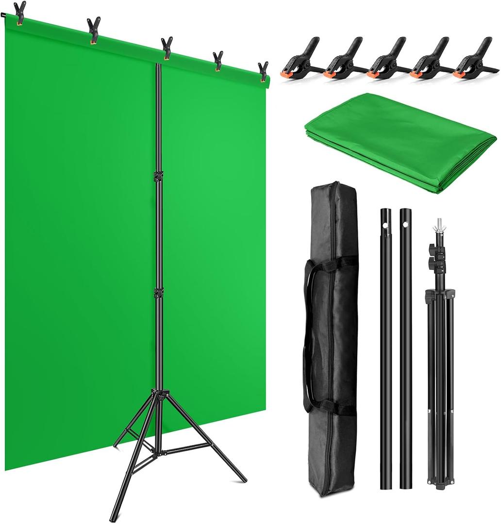 Green Screen Backdrop Kit with Stand, 5X6.5ft Portable Green Screen Backdrop with Stand kit, GreenScreen Background with Stand Carrying Bag Clamp for Streaming Video Zoom