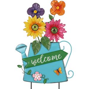 YEAHOME Garden Decor for Outside, 24.4 Decorative Garden Stakes Metal Watering Can with 4 Flowers for Spring Decor, Welcome Yard Signs for Outdoor Lawn Backyard Patio Porch Pathway Decorations