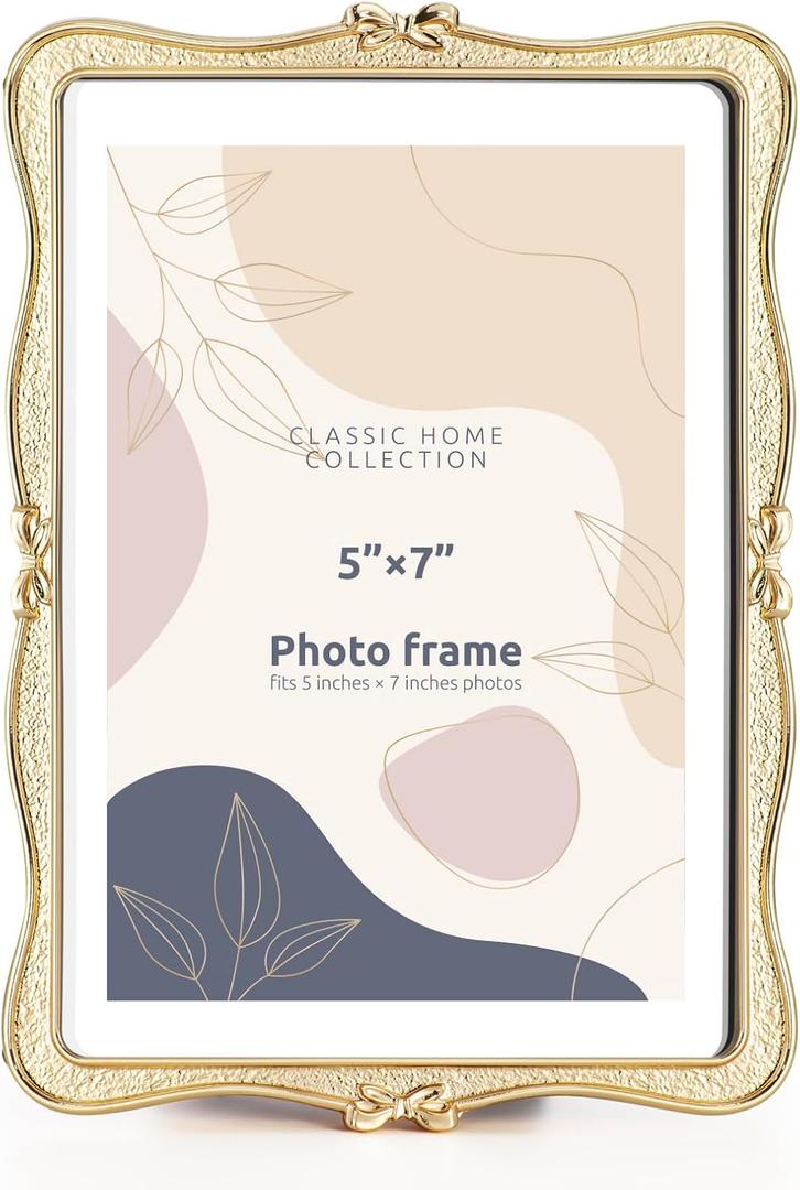 Metal Bow Picture Frame 5x7 Photo Frames with High Definition Glass Front Gift Ideas Tabletop Home Decorative,Gold