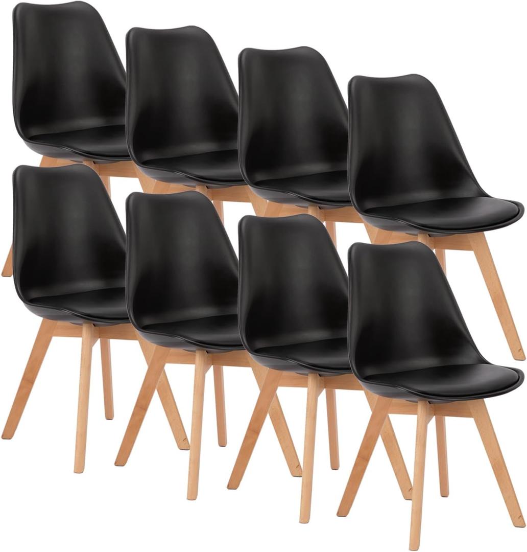 OLIXIS Dining Chairs Set of 4 Kitchen Mid Century Modern Chairs with Wood Legs and PU Leather Cushion for Living Room Bedroom Outdoor Lounge, Black