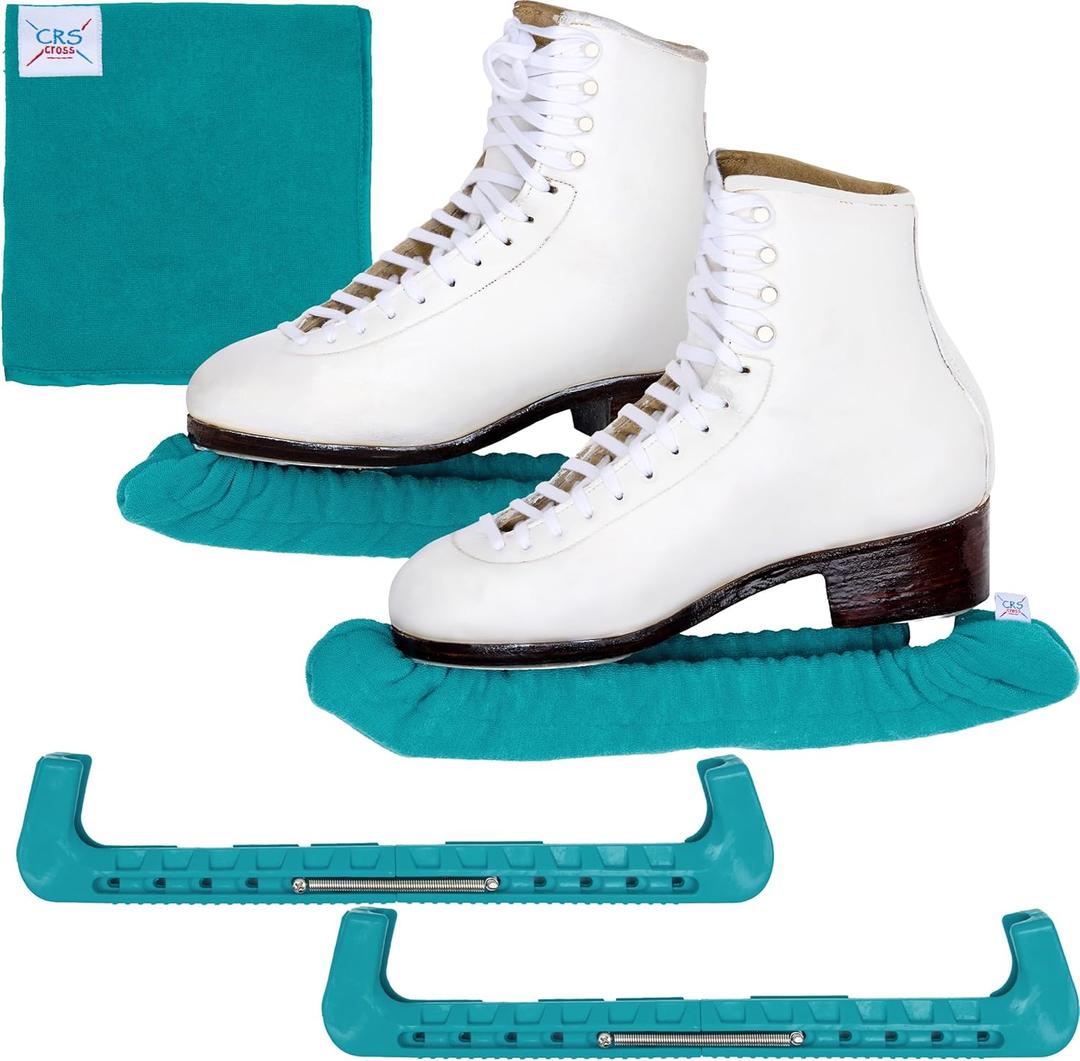 CRS Cross Skate Guards, Soakers and Towel Gift Set - Ice Skating Guards and Soft Skate Blade Covers for Figure Skating or Hockey (Medium, Triple Teal)