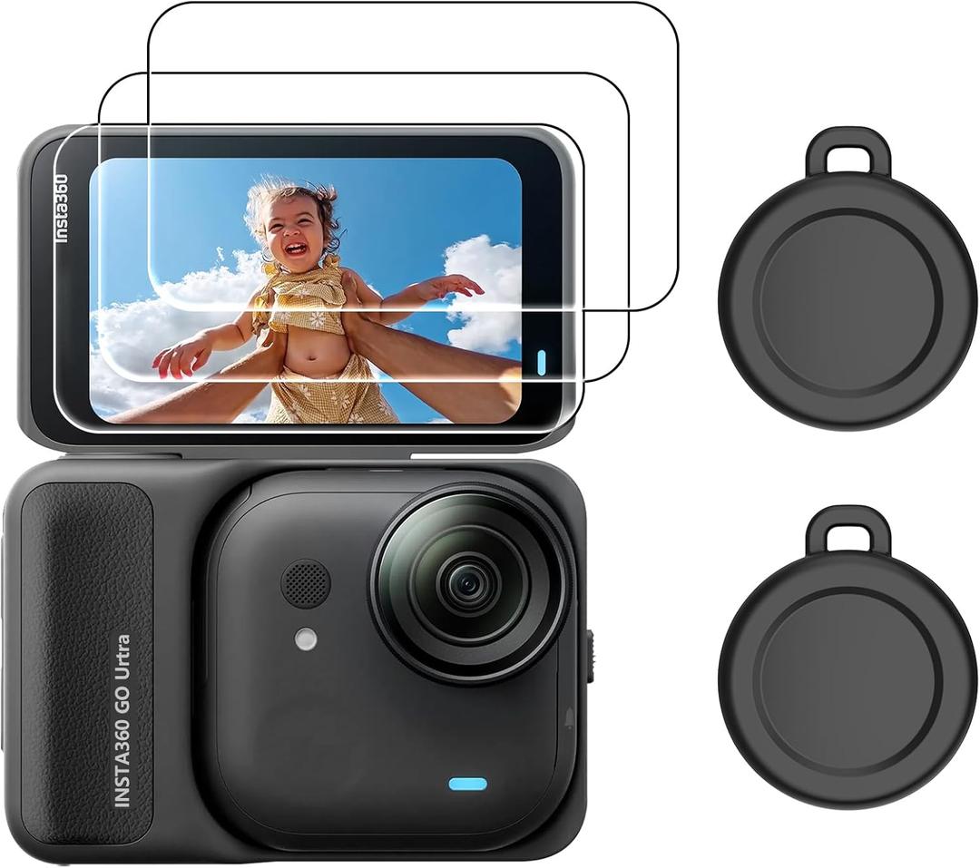 AMAZEAR Screen Lens Protector for Insta360 GO Ultra Accessories, Insta 360 Go-Ultra 3 Tempered Glass Screen Protective Cover & 2 Silicone Lens Cap Combo, 9H Hardness, Touch Sensitive, HD