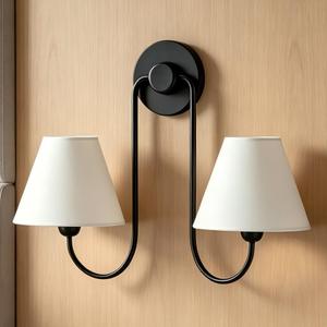 Contemporary Black 2-Light Linen Shade Double Swoop Sconce, 17.5" W x 9.5" D x 14" H