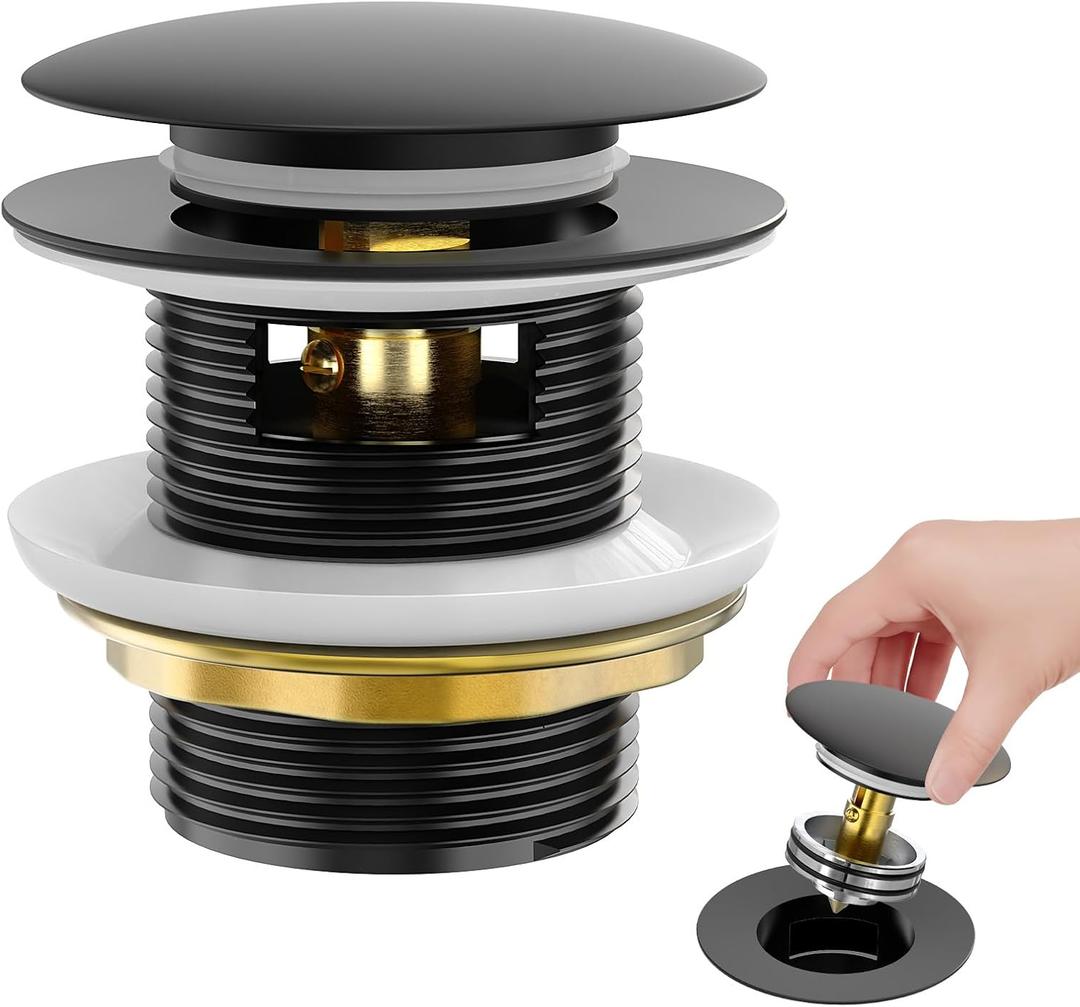 BOTEMY Solid Brass Pop-Up Drain with Overflow for Freestanding Tubs, Tool-Free Installation Bathtub Drain Stopper with Matte Black Finish, Universal Fit 1.8" Hole, Leak-Proof Heavy DutyMatte Black