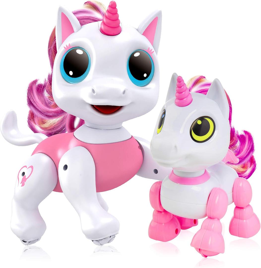 Power Your Fun Robo Pets Unicorn Toy 2pk Set - Unicorns Gifts for Girls and Kids (1) Unicorn Robot STEM Toy with Interactive Hand Gestures or Remote Control to Move and (1) Mini Automated Smart Robot