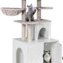Snughome Cat Litter Box Enclosure with Cat Tree Tower and Condo, Hidden Washroom Furniture with Sisal Scratching Post and Soft Plush Perch, Wooden Cat Furniture with Multiple Platforms, White