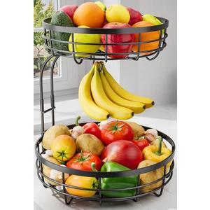 Sakugi Fruit Basket for Kitchen Counter - 2-Tier Large Capacity Fruit Bowl with Detachable Banana Hanger, Rust-Proof Metal Fruit Holder for Vegetables, Bread, Toiletry,10" D x 10" W x 14" H, Black