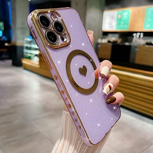 MGQILING Compatible with iPhone 12 Pro Max Magnetic Glitter Case-6.7 Inch, Luxury Love Heart Pattern Plating Case, Compatible with MagSafe for Women Girls Shockproof Back Cover-Light Purple