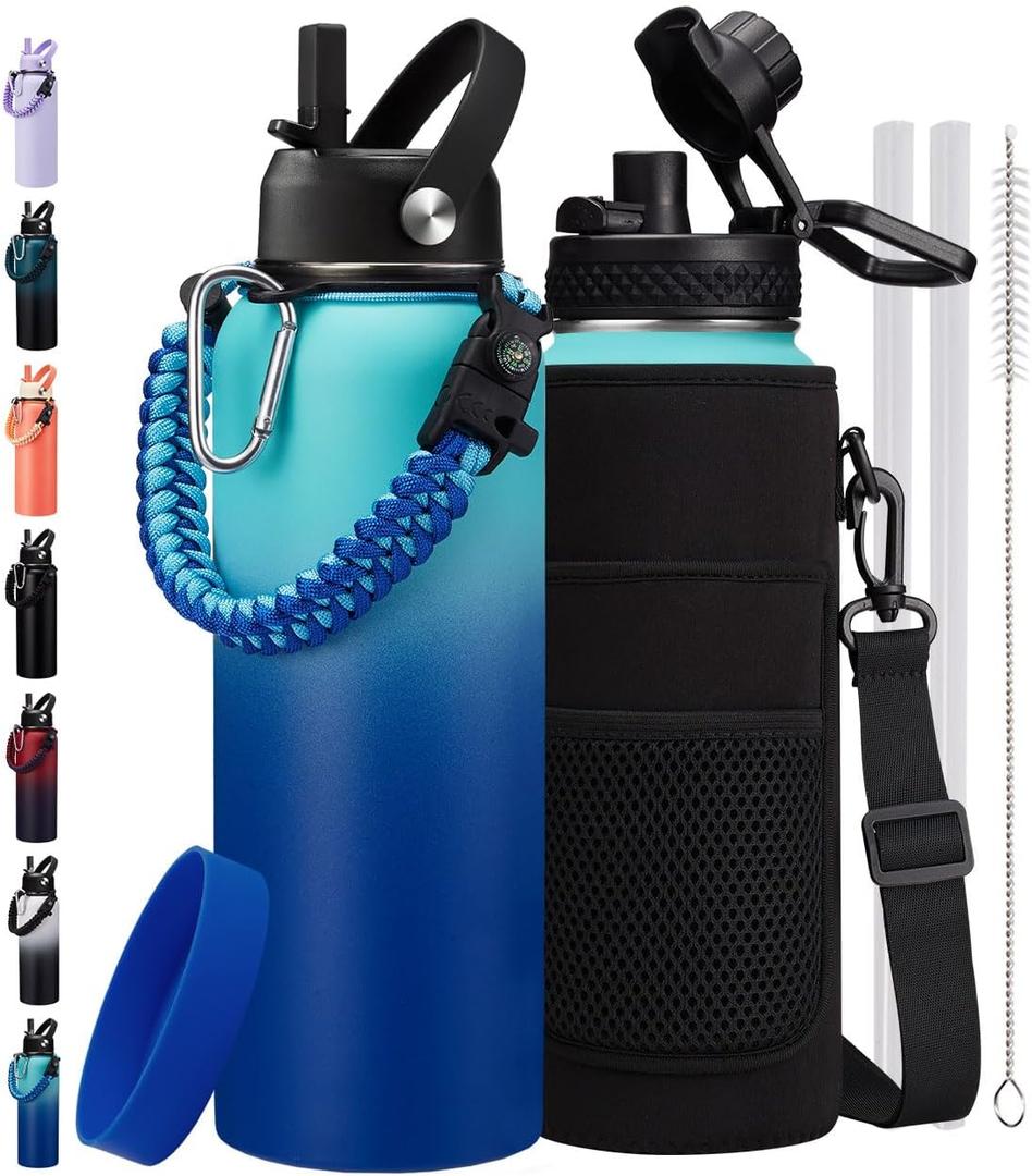 Insulated Water Bottle 40oz - with Straw & Auto Spout Lid, Paracord Handle, Shoulder Carrier Bag,40 oz Water Jug Great for Sport Travel Gym Hiking Biking (Green Blue)