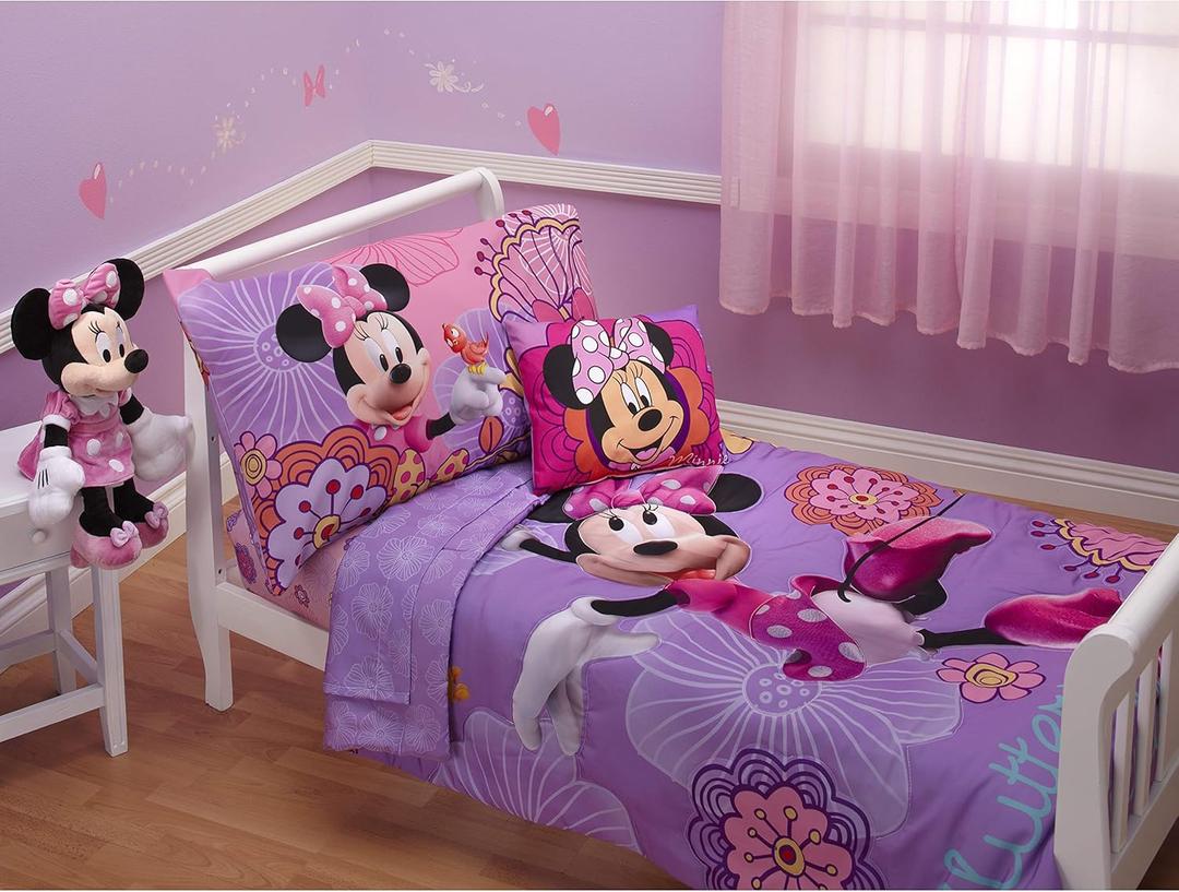 Disney 4 Piece Minnie's Fluttery Friends Toddler Bedding Set, Lavender