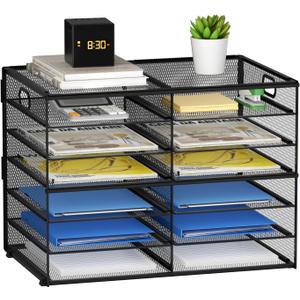 Lavatino 12 Compartments Paper Organizer for Desk, Mesh Literature Organizer, Mail File Sorter Tray with Handle, Desktop Mailbox for Office Classroom Home, Black (6 Tier - Black)