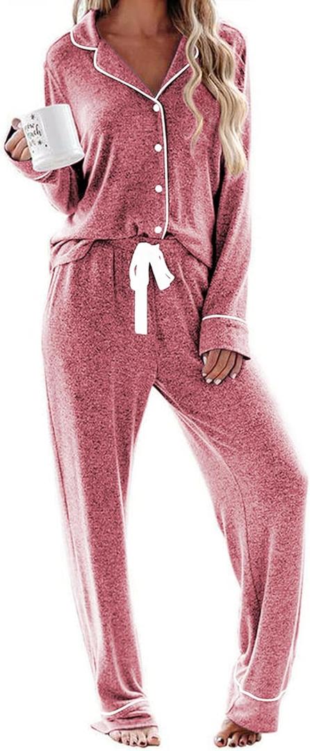 Ekouaer Women's Pajamas Long Sleeve Sleepwear Casual Button Down Loungewear Soft Pjs Set (Wine, S)