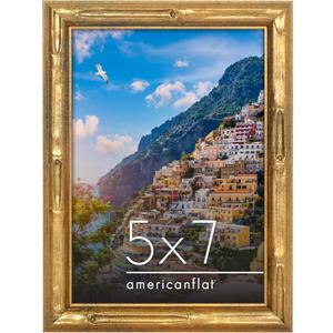 Americanflat 5x7 Picture Frame with Bamboo-Style Molding - Gold Bamboo Frame with Shatter-Resistant Glass - Elegant Gallery Style Frames for Tabletop or Wall Display - Gold
