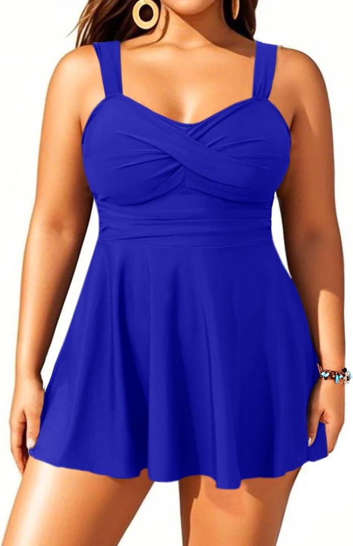 Aqua Eve Plus Size Two Piece Swimsuits for Women Tankini Bathing Suits Flowy Swim Dress with Shorts (Royal Blue)