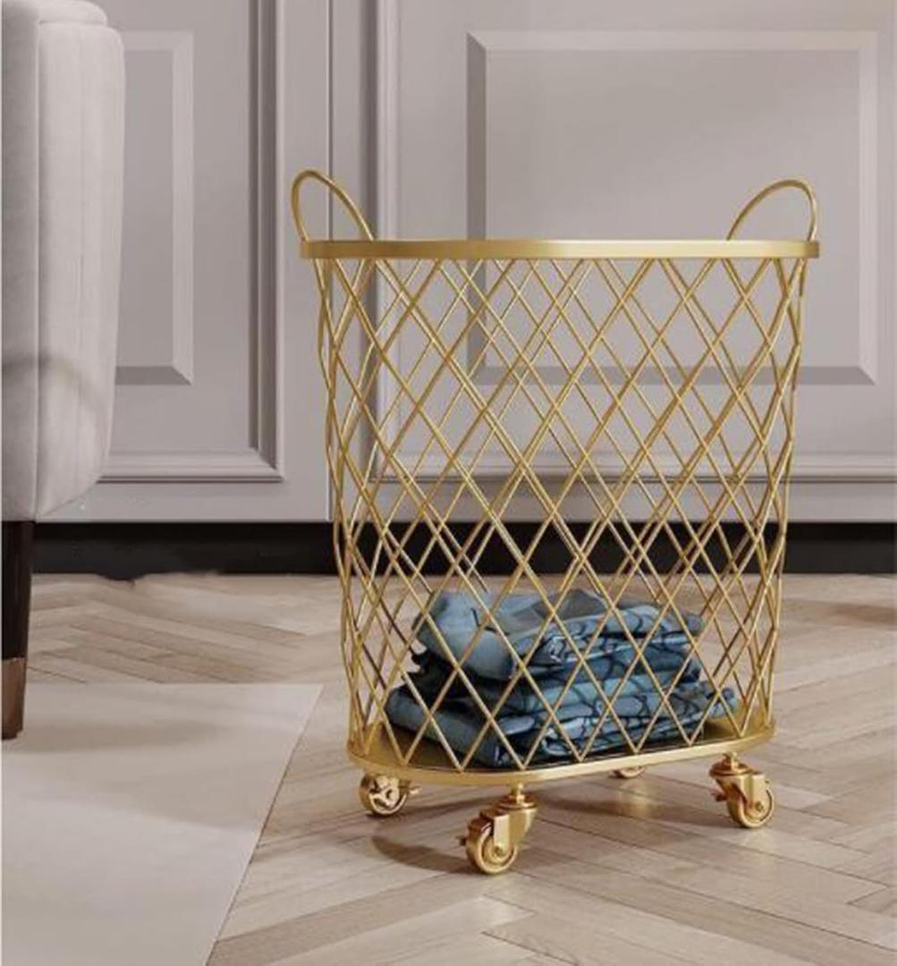 QQXX 360 Laundry Hamper with Wheels,Round Mesh Metal Rolling -Iron Scandinavian ins Bathroom Dirty Clothes Basket Toy Storage Frame, Gold, (1671979), 55x45x38.5cm(21.65x17.7x15.15inch)