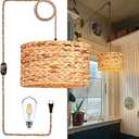 ZECOXOL Rattan Plug in Pendant Light Boho Hanging Lights with Plug in Cord & Dimmable Switch,Indoor Hanging Lamp Plug in Wicker Woven Lampshade for Living Room Bedroom Dinning Island