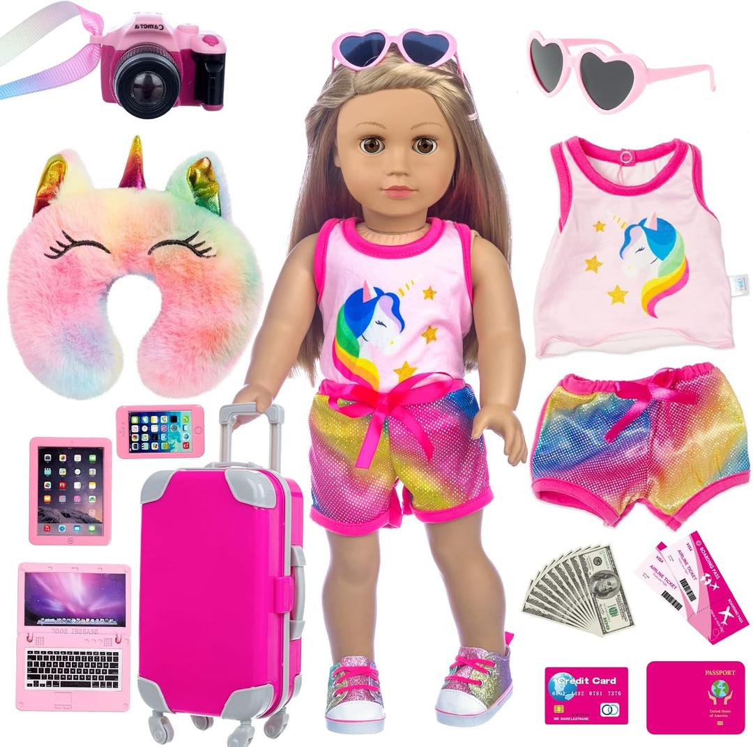 23 Pcs American 18 inch Doll Clothes and Accessories - Suitcase Luggage , Pillow, Sunglasses, Camera, Passport, Mobile Phone , Computer Doll Travel Gear Play Set (No Dolls)