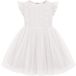 Arshiner Toddler Lace Tutu Dresses Ruffle Sleeve 3 Layers Tulle Flower Wedding Birthday Summer Little Girls Dress (White), 110